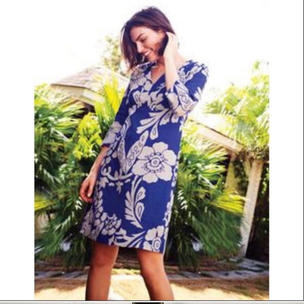 Boden Blue and White Floral V‑Neck Dress